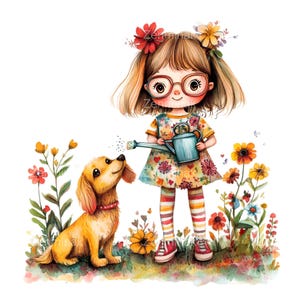 15 かわいい女の子が花に水をやる PNG、気まぐれな子供と犬のイラスト、花の庭のデジタルアートのダウンロード