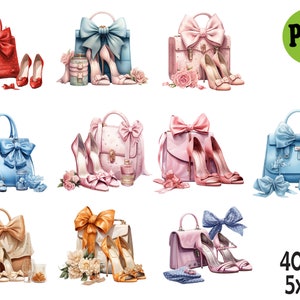 May include: Ten watercolor illustrations of handbags with bows and shoes. Each illustration features a different color handbag and shoes. The handbags are all closed and have a bow on the front. The shoes are all high heels and have a bow on the front. The illustrations are all set against a white background.