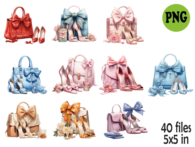 May include: Ten watercolor illustrations of handbags with bows and shoes. Each illustration features a different color handbag and shoes. The handbags are all closed and have a bow on the front. The shoes are all high heels and have a bow on the front. The illustrations are all set against a white background.