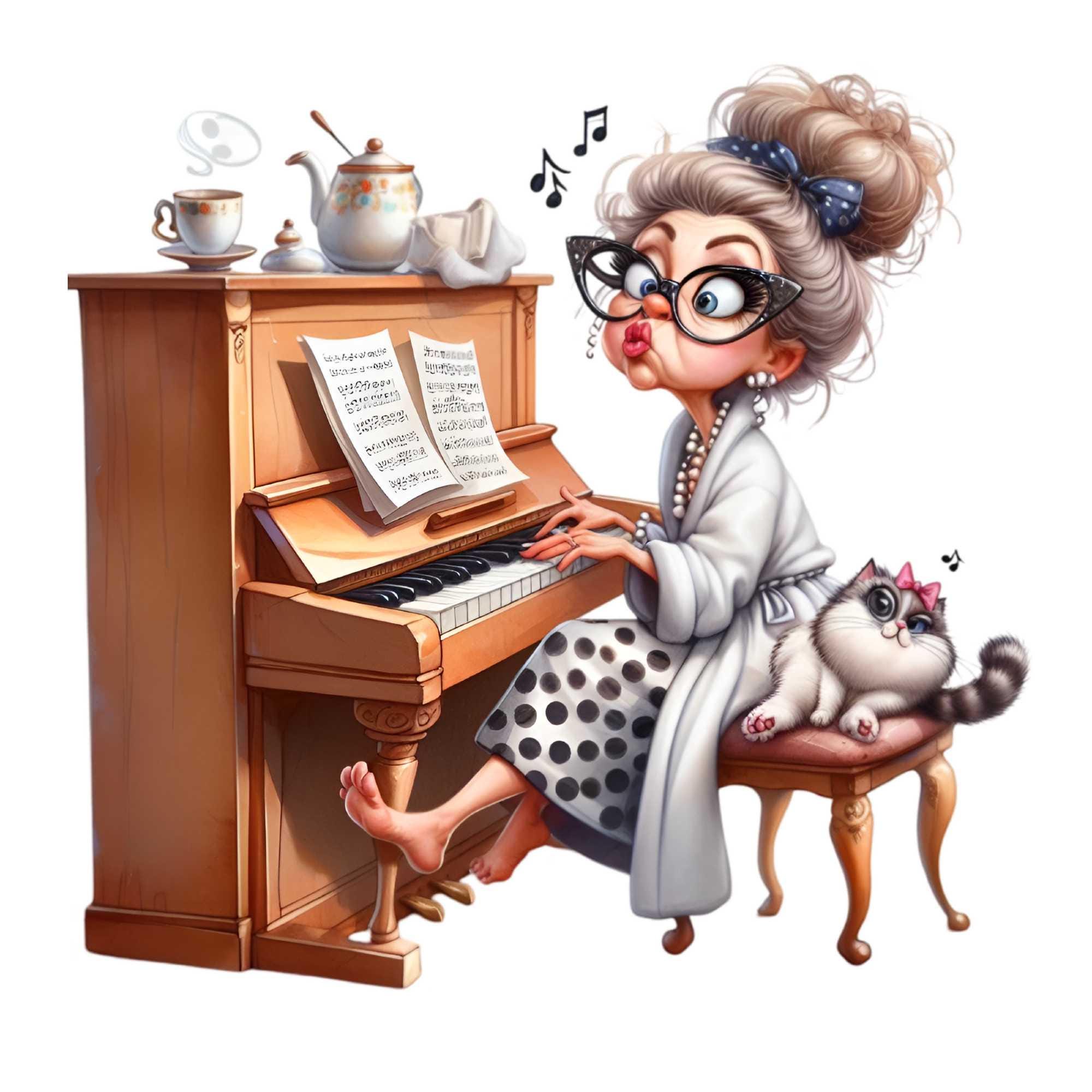 15 PNG Grandmother Playing Piano Clipart, Whimsical Music Teacher