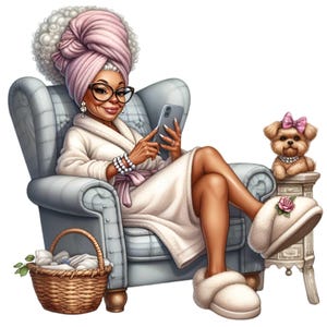 12 PNG Donna Rilassante PNG – Divertente Donna in Vestaglia con Telefono e Cane Clipart – Arte per la Cura di Sé per Decorazioni Spa, Biglietti e Progetti Fai da Te