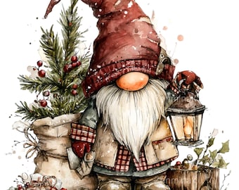 Puede incluir: Ilustración en acuarela de un gnomo navideño con una larga barba blanca, que lleva un gorro y un abrigo rojos. El gnomo sostiene una linterna y está de pie junto a un pequeño árbol de Navidad y un saco de regalos. La obra tiene un ambiente festivo y caprichoso.