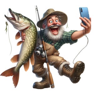 以下が含まれることがあります： 大きな魚を持ち、青いスマートフォンで自撮りをする漁師の漫画イラスト。漁師は緑のチェック柄のシャツ、茶色のオーバーオール、帽子を着用しています。 釣り竿が彼に立てかけられています。