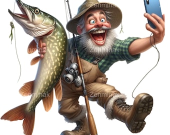 18 PNG Fishing clipart – Funny fisherman with pike PNG – Cartoon man with big fish and selfie, perfect for cards, camping crafts, t-shirts