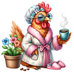 18 lustige Huhn Clipart PNG, Huhn im Bademantel mit Kaffee und Hausschuhe, niedliche Morgen Farm Animal Art