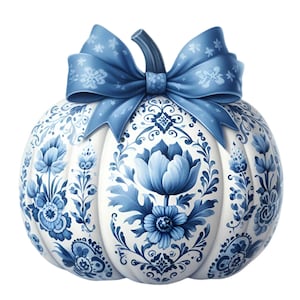 Élégante citrouille florale bleue et blanche PNG - 15 belles citrouilles d'automne avec un motif floral et un noeud en ruban
