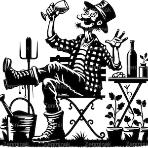 5 SVG drôle vin jardin homme coupe fichier SVG, agriculteur de dessin animé avec moustache et verre, chaise d'extérieur Clipart avec plantes et outils