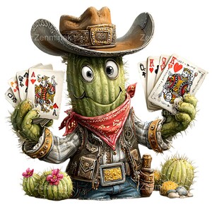 May include: A cartoon cactus cowboy holding playing cards, wearing a brown hat and a red bandana. The cactus has a winning poker hand. The image features the text "Zenmink". The illustration has a playful, Wild West theme.