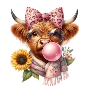 14 Highland Cow PNG-clipart, kauwgom blazende koe met bril, sjaal met zonnebloem en bloemen, leuk boerderijontwerp