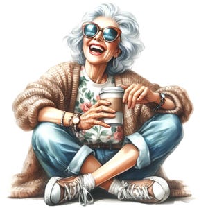Stylische ältere Frau Clipart, trendige Oma mit Kaffee PNG, 12 Modische Senior Kunstdruck, digitale Illustration