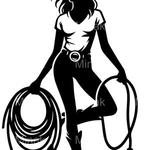 4 archivos SVG de corte de vaquera con lazo, silueta de mujer del oeste con botas y sombrero, clipart de rodeo con lazo para Cricut y manualidades