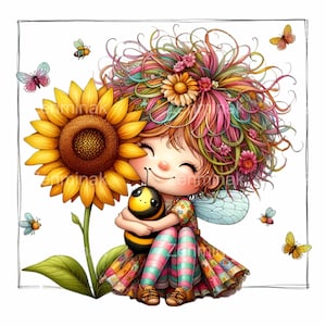 12 PNG 気まぐれな蜂の妖精 PNG – ひまわりとぬいぐるみの蜂、虹色の髪と羽を持つかわいい女の子 – 子供、春、工芸品のためのファンタジークリップアート