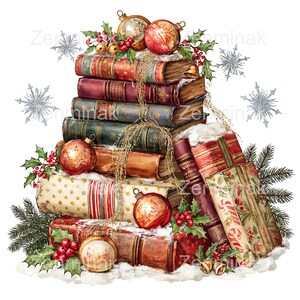 May include: A stack of vintage-style books arranged in a pyramid shape, decorated with red and gold Christmas ornaments, green holly leaves with red berries, pine branches, and silver snowflakes, all dusted with a light layer of white snow.