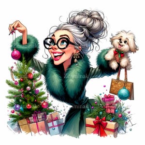 12 PNG Lustige Weihnachtsdame PNG - Glam Oma schmücken Baum mit Geschenken und Welpen, Urlaub Clipart für Karten, Aufkleber und Sublimation