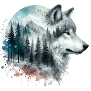 May include: A watercolour painting of a wolf's head with a forest scene inside. The wolf is grey and white, and the forest is a dark green with a blue sky in the background.