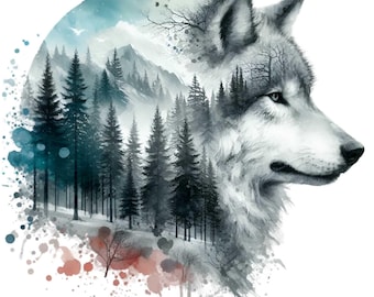 15 PNG Wolf Watercolor Clipart – Double Exposure Forest PNG, Wild Animal Art for Sublimation, Woodland Decor, Rustic Stickers, Tattoo Design