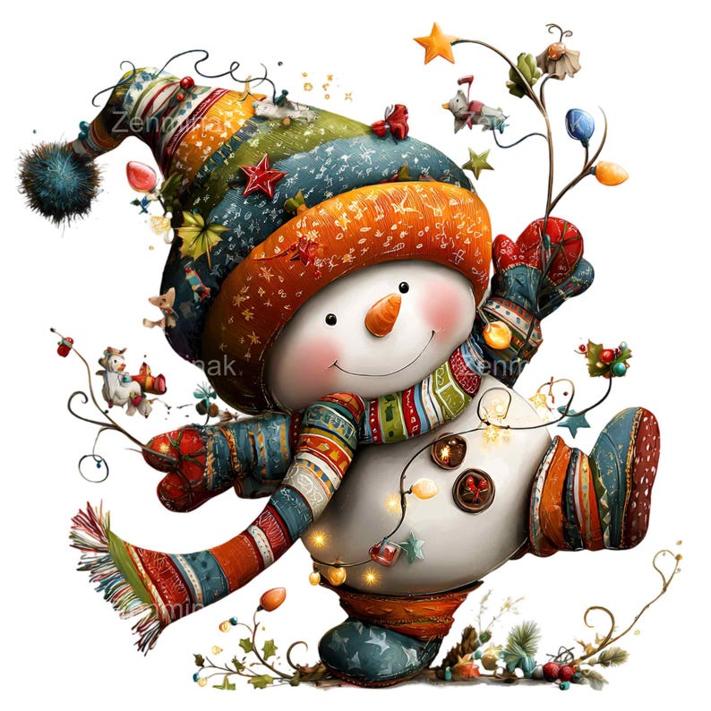 Whimsical Snowman PNG Holiday Christmas Fairy Lights Clipart
