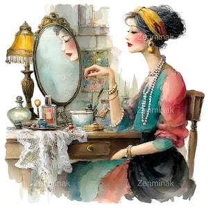 May include: Watercolor illustration of a woman at a vanity table. She is wearing a yellow headband, pearl necklace, and bracelets. The vanity has a mirror, perfume bottles, and makeup. The woman is applying lipstick.