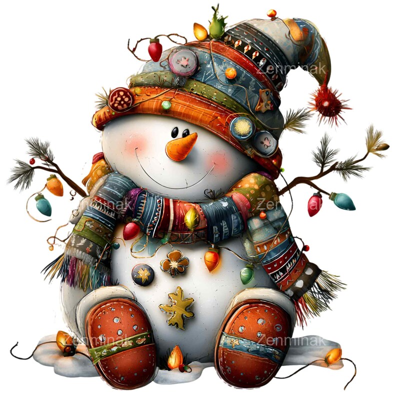 May include: A whimsical snowman illustration with a carrot nose, wearing a colorful patchwork hat and scarf. The snowman is adorned with decorative lights and buttons, and has rosy cheeks. The overall theme is festive and holiday-related.