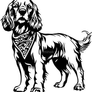 4 SVG-spaniëlhond – elegant silhouet jachthond met bandana – huisdierclipart voor doe-het-zelfborden, kleding en geschenken