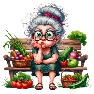 12 PNG Grumpy Garden Grandma – Funny PNG Clipart of Elderly Lady with Vegetables – Whimsical Character for Crafts and Planner Stickers