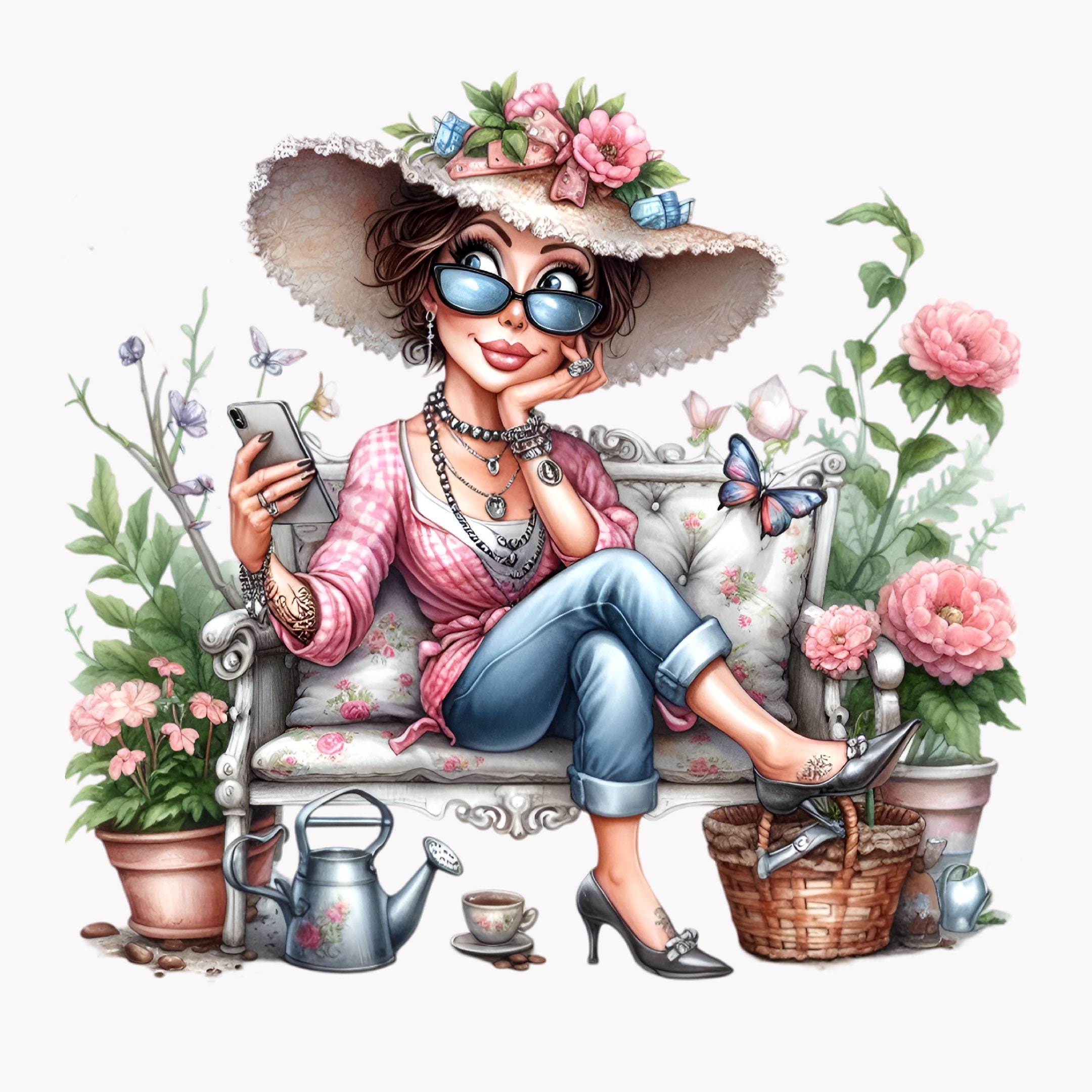 10 PNG Funny Granny Gardening PNG Clipart – Old Lady With Coffee and ...