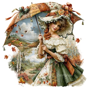 Peut inclure: Une illustration numérique représentant une personne portant un chapeau à larges bords et une robe à volants décolletée, tenant un grand parapluie à motifs. La scène montre des feuilles d'automne, un paysage rural et des bouleaux aux tons doux.