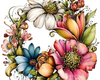 15 PNG Floral Wreath Watercolor Flower Frame Clipart, Garden Wedding Sublimation