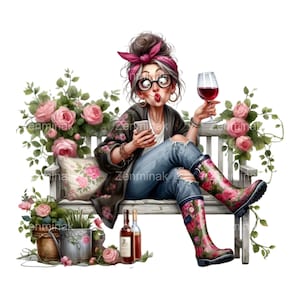 Divertente PNG di Wine Lady, 15 Clipart di stivali floreali, Download digitale di Quirky Gardening Woman per artigianato e sublimazione"