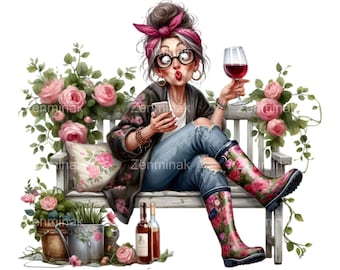 Funny Wine Lady PNG, 15 Floral Boots Clipart, Quirky Gardening Woman Digital Download for Crafts and Sublimation&quot;