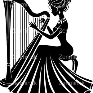 7 SVG femme élégante harpe fichier de coupe SVG – dame en robe jouant de la harpe des cliparts – décoration musicale Cricut pour cadeaux et travaux manuels