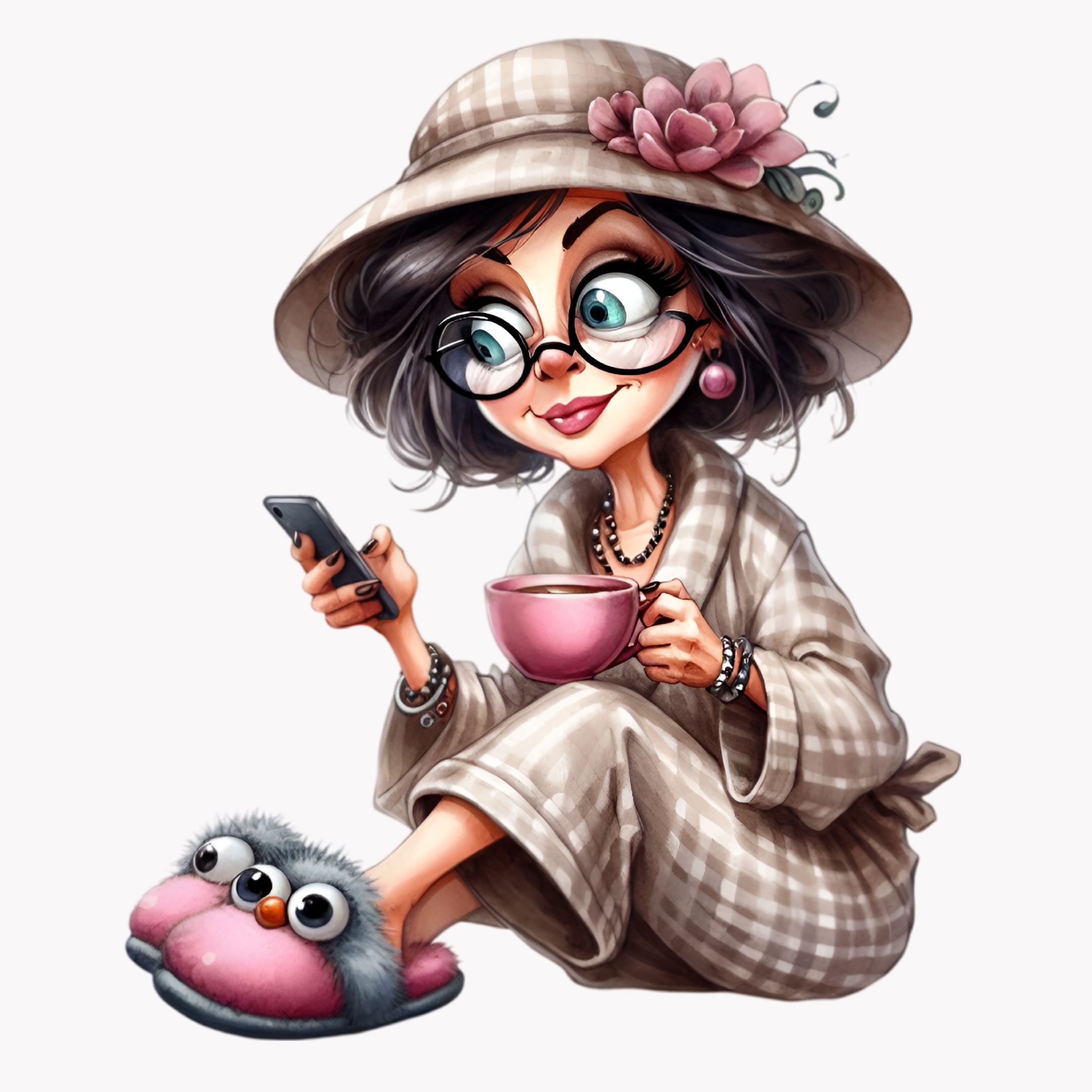 10 PNG Trendy Granny PNG Clipart – Funny Old Lady With Coffee and Phone ...