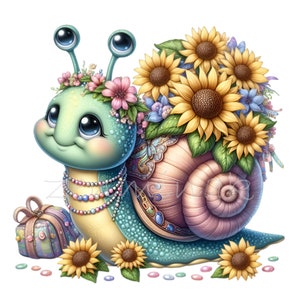 12 Süße Schnecke PNG mit Sonnenblumen Clipart PNG, entzückende Blumenschnecke Digital Art, wunderliche Gartenillustration