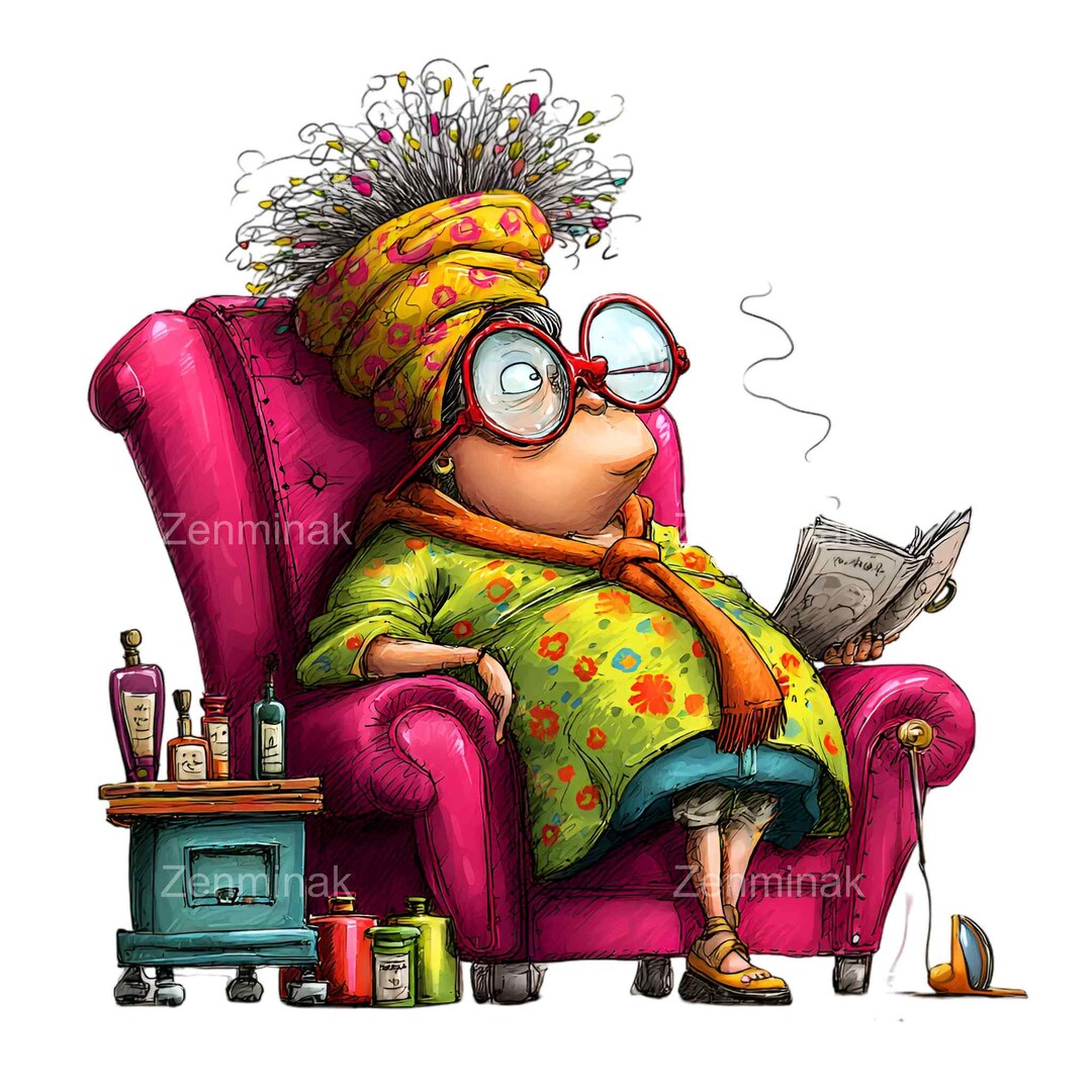 16 PNG Funny Grandma Reading, Eccentric Old Lady Clipart, Whimsical ...