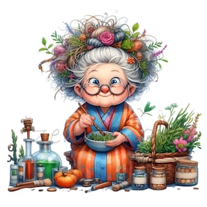 Clipart grand-mère herboriste 14 PNG - dame âgée avec des herbes et des potions, parfait pour les projets créatifs