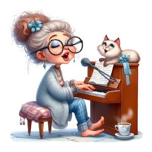 Abuela alegre tocando el piano con un adorable gato, 15 imágenes prediseñadas PNG de música divertida y caprichosa