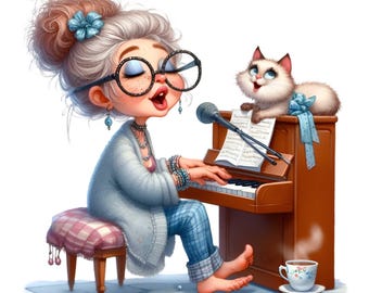 15 PNG Grandmother Playing Piano Clipart, Whimsical Music Teacher