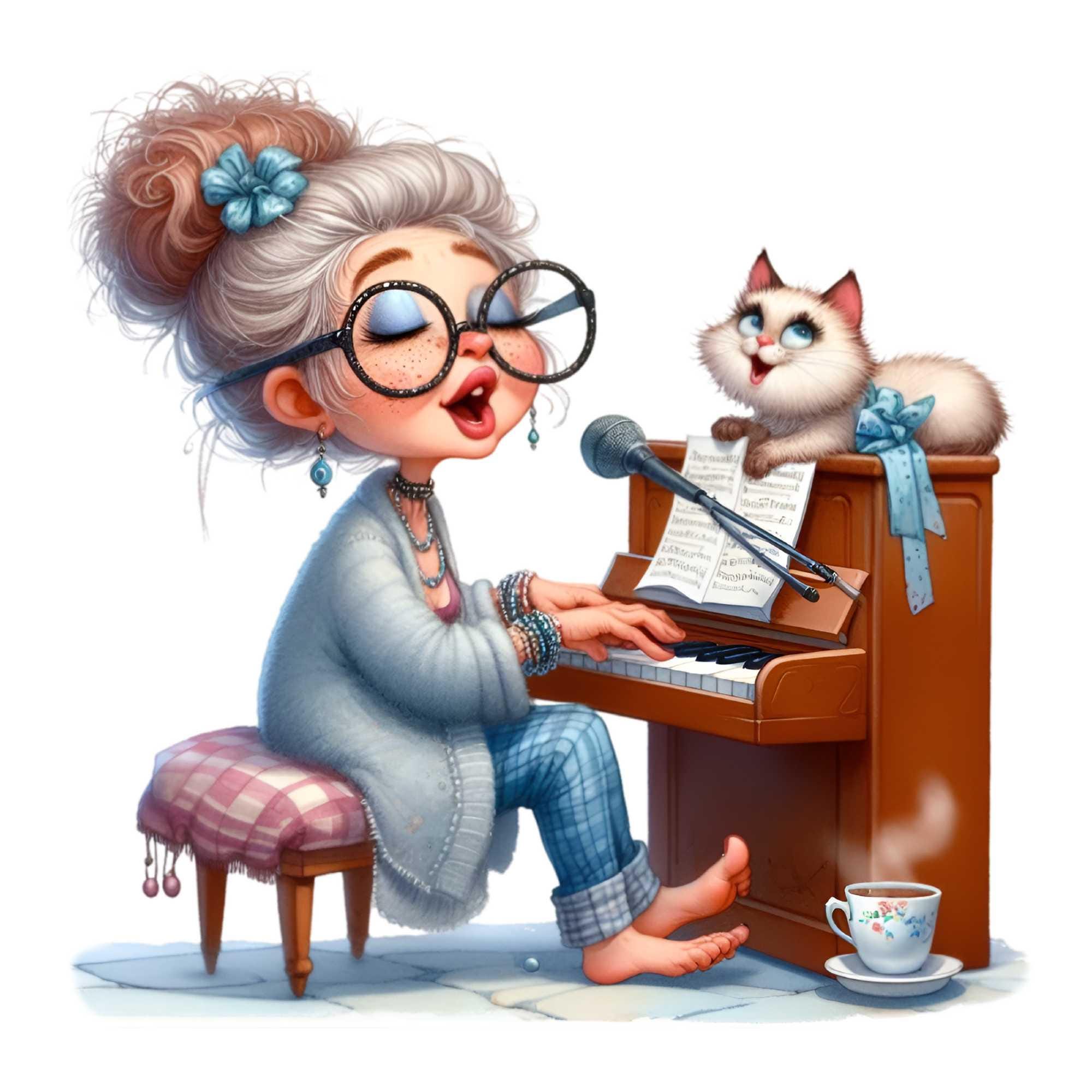 15 PNG Grandmother Playing Piano Clipart, Whimsical Music Teacher