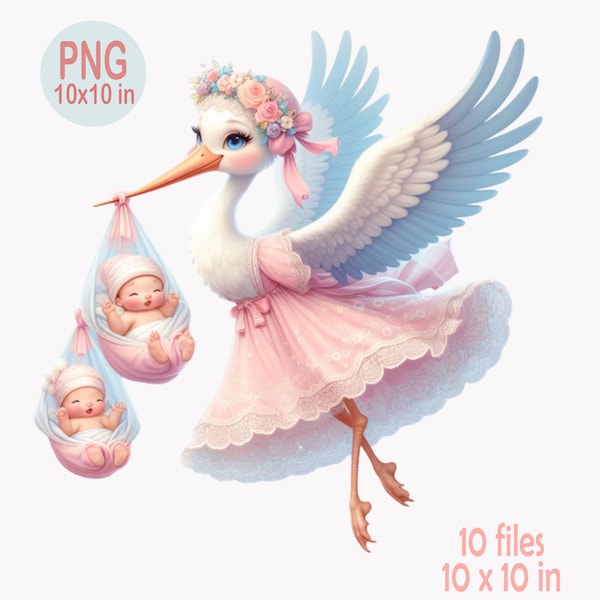 Stork Baby Clipart, Baby Shower Clipart, Newborn Decor Clipart, Baby Arrival Clipart