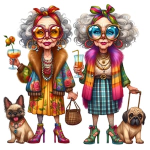 10 divertenti clipart PNG di donne anziane - Nonne eleganti con cani, cocktail e moda audace - Arte stampabile colorata e originale per anziani