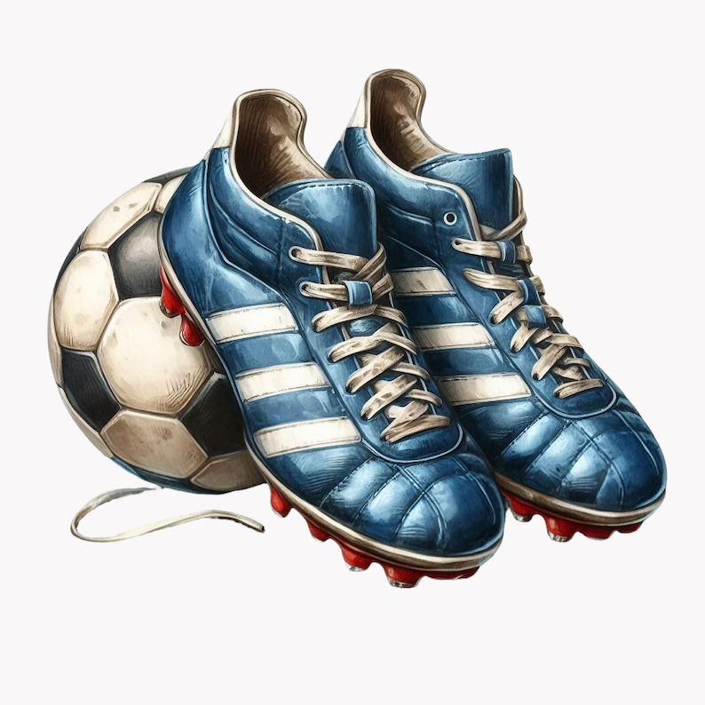 Puede incluir: Un par de botas de f&uacute;tbol azules y blancas con cordones blancos y detalles rojos. Las botas est&aacute;n encima de un bal&oacute;n de f&uacute;tbol marr&oacute;n y blanco.