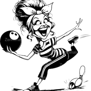 8 SVG de divertida dama de bolos retro, dibujo animado de abuela genial, camisa a rayas y gafas de sol, clipart de personaje de cómic deportivo