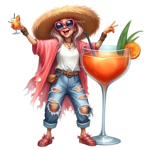 Op de afbeelding: Illustratie van een vrouw met een strohoed en zonnebril, die een cocktail vasthoudt. Ze draagt een roze sjaal, een witte top, een gescheurde jeans en sandalen. Naast haar staat een groot cocktailglas met een sinaasappelschijfje en een rietje.