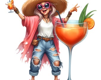 20 PNG Divertida dama de verano – PNG de cóctel – Personaje de vacaciones de mediana edad para decoración de fiestas, invitaciones e imprimibles divertidos