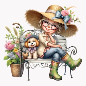 10 Mädchen mit Hund PNG Clipart - Blumenhut, grüne Stiefel, auf Bank sitzend, niedlicher Welpe mit Schleife, Frühlingsgartenszene Kunst