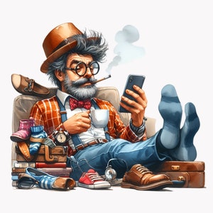 Pacchetto di clipart divertenti del nonno che beve caffè, nonno PNG, arte murale per anziani, grafica senior PNG, 10 PNG, download digitale