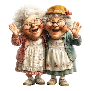May include: Digital illustration of two elderly women smiling and waving. They wear round glasses, floral dresses, and jackets. One has a pink jacket, the other a green jacket and a yellow hat with a flower. Their white hair is styled in curls.