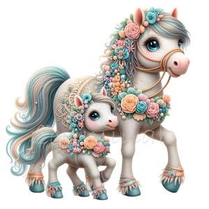 12 png-schattige bloemen paard en pony clipart png, pastel fantasiedieren met grote ogen, baby merrie duo illustratie voor kinderdagverblijf of ambacht