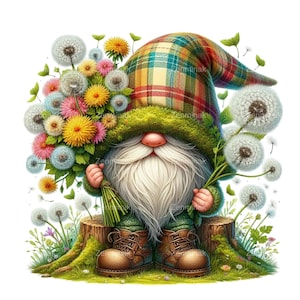 Gnomo de jardim colorido com buquê de dente de leão PNG, 15 clipart de gnomo floral, ilustração fofa de jardim de primavera para download