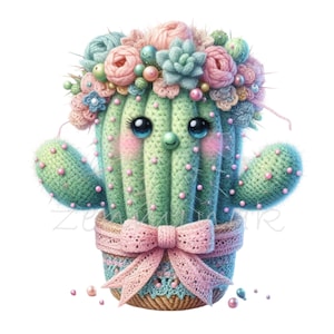12 PNG Lindos Cactus Florales Clipart PNG, Suculenta Pastel Kawaii en Maceta con Lazo, Perlas, Ilustración de Planta Fantasía para Guardería o Manualidades